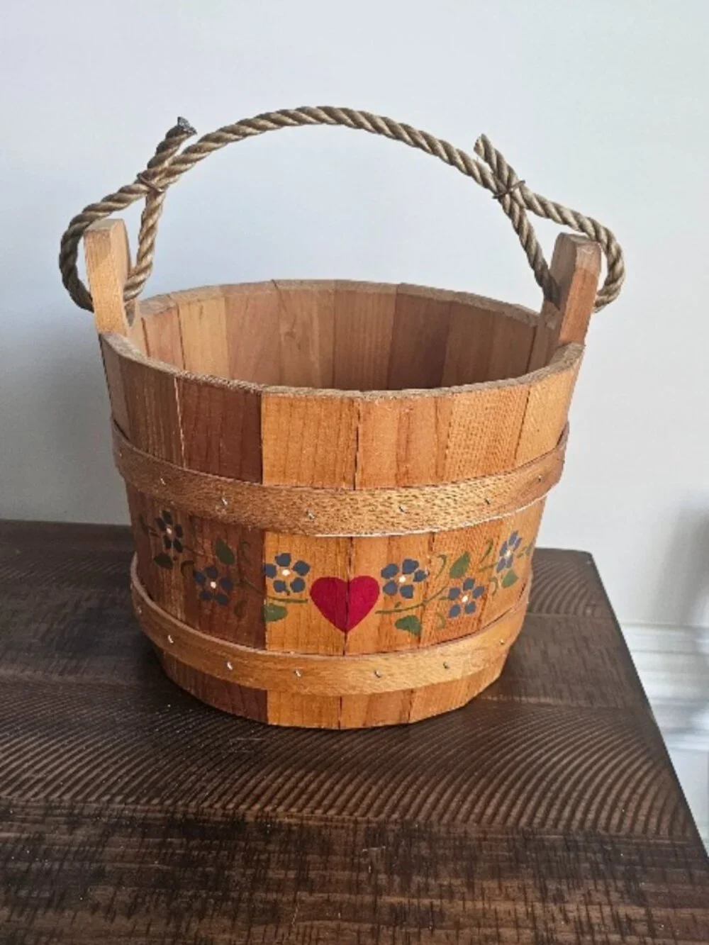 Vintage Heavy Wood Rope Handle Bucket Basket Primitive Farmhouse Rustic Decor